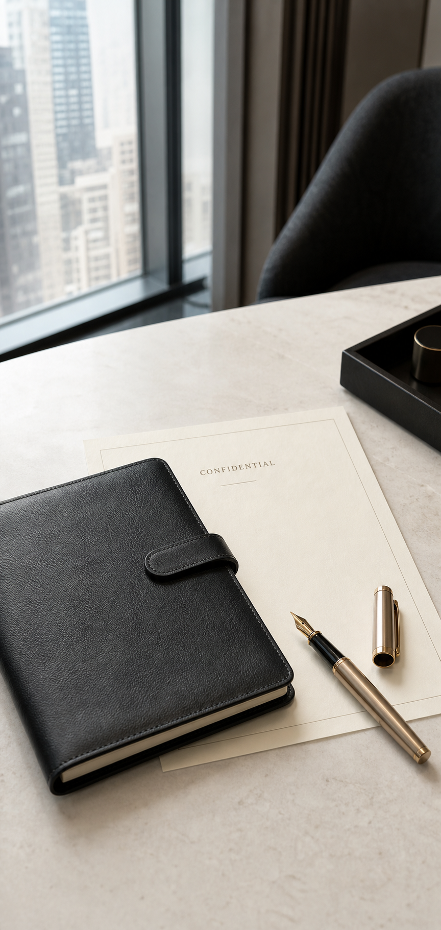 Confidential advisory notebook and fountain pen on a private office desk.