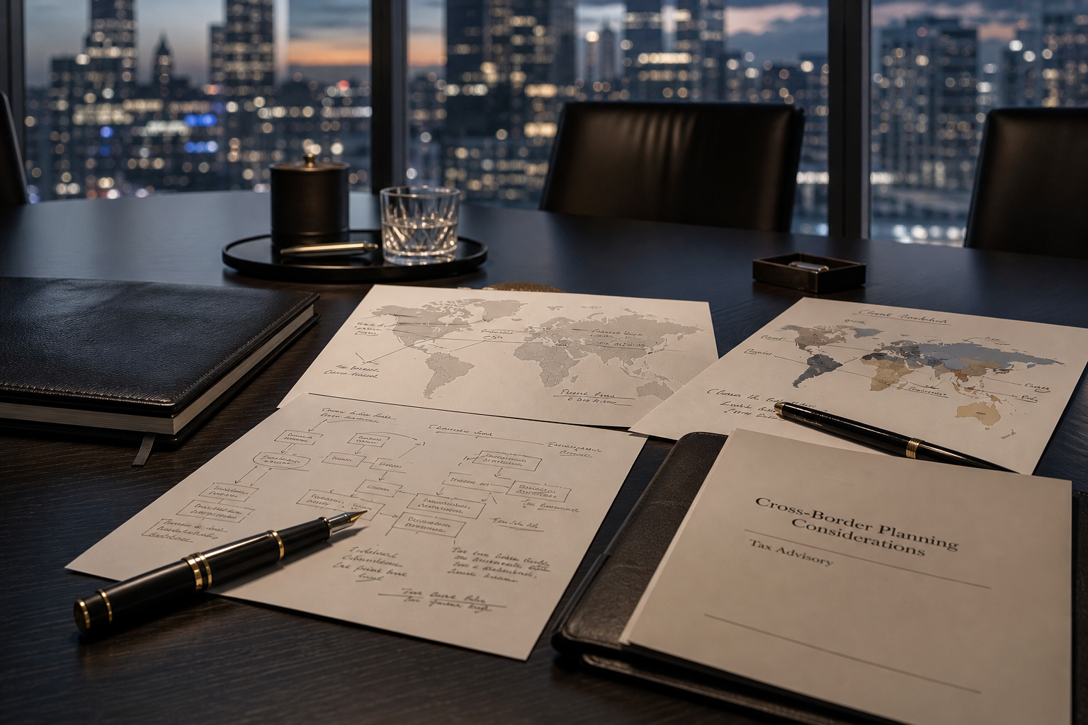 Cross-border planning documents and advisory notes on a boardroom table.